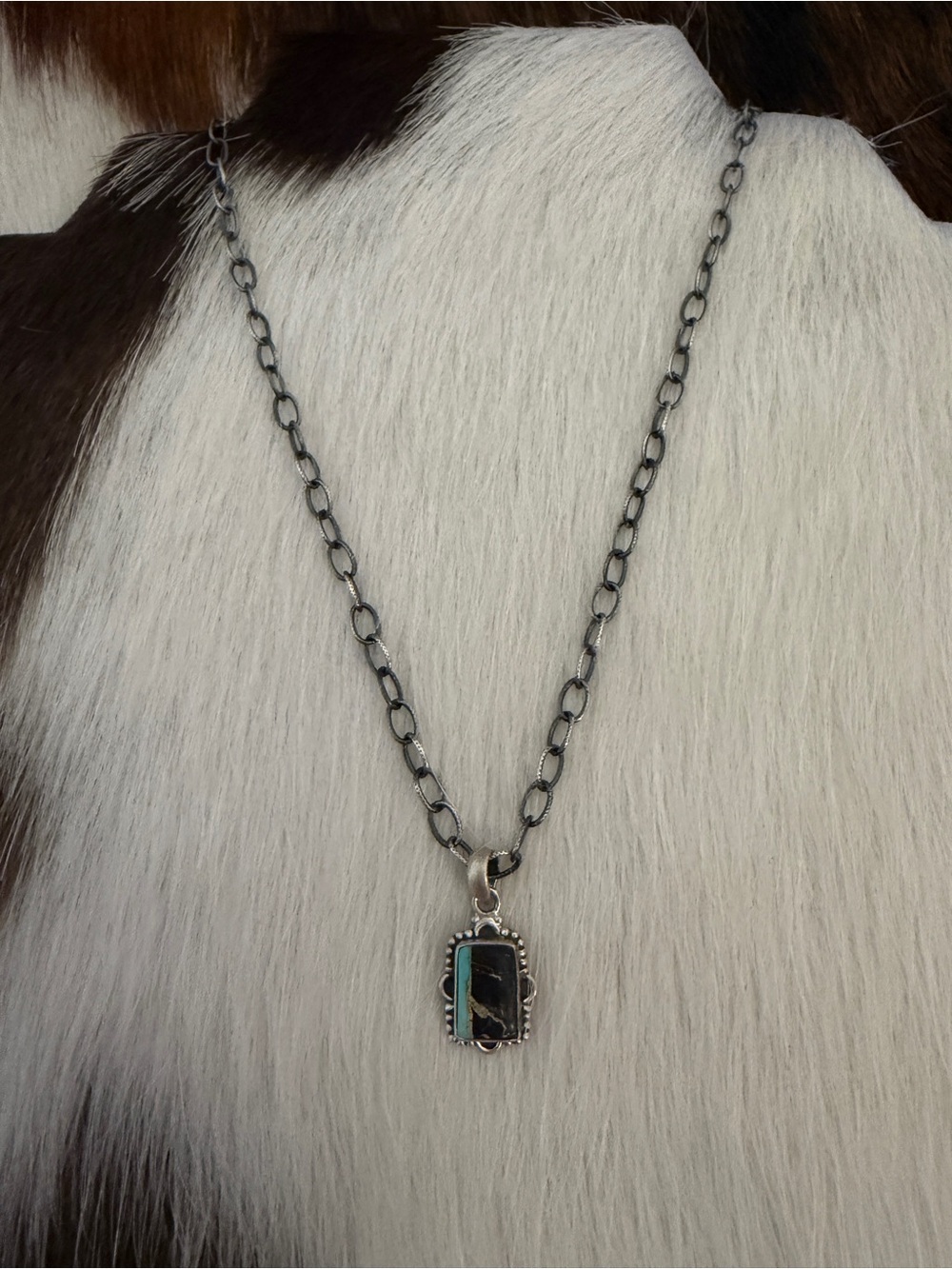 ❤️ Black Jack Turquoise Rectangular Pendant Navajo Style Sterling Unisex .87”L - Picture 4 of 15